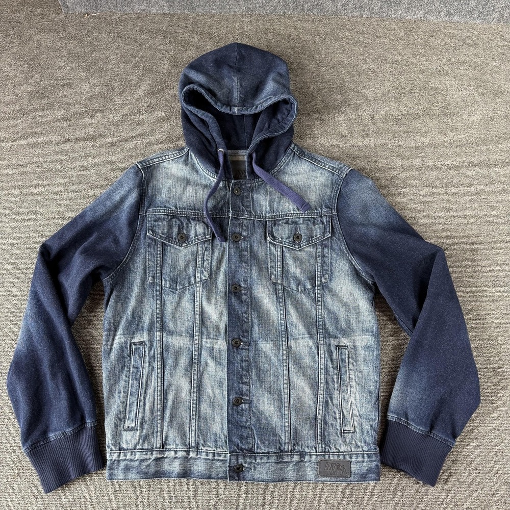 PRPS Jacket Mens XL Blue Denim Hooded Varsity Trucker Button Front E69JT13